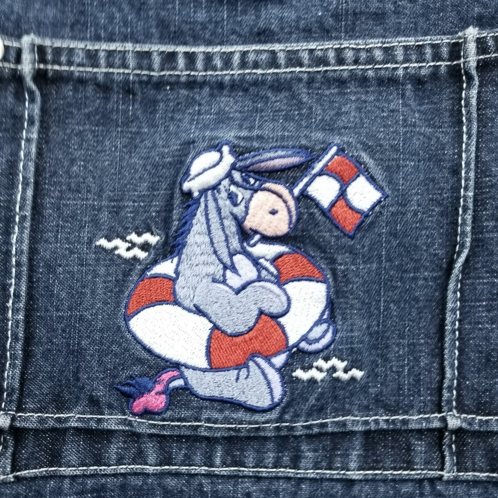 Vintage Disney Shorts Women Large Blue Bib Overall Denim Eeyore Embroidered SOS - Picture 1 of 9